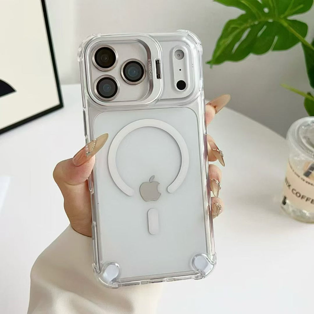 Suitable for apple 17pro metal lens holder magnetic phone case iphone14 four-corner airbag transparent hard case