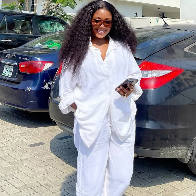 European and American large-size women's clothing loose casual cardigan lapel shirt long-sleeved solid color top trousers African two-piece set women