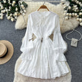 Korean style white lantern sleeve slim-fit dress - women's spring/autumn ruffle trim tie-waist a-line dress