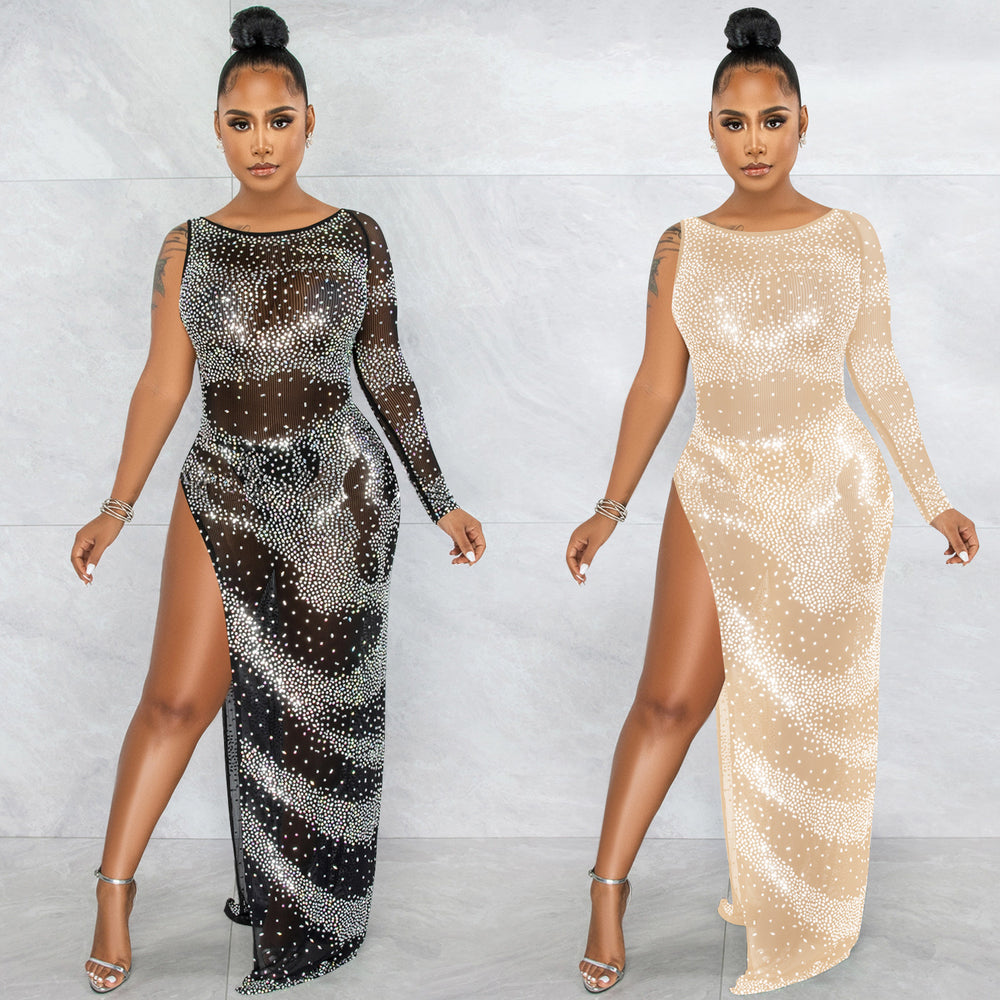 X5622   fashion sexy nightclub rhinestone single long sleeve asymmetrical slit maxi dress