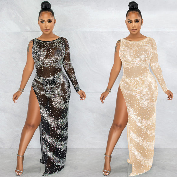 X5622   Fashion Sexy Nightclub Hot Diamond Single Long Sleeve Irregularly Split Long Dress Dress