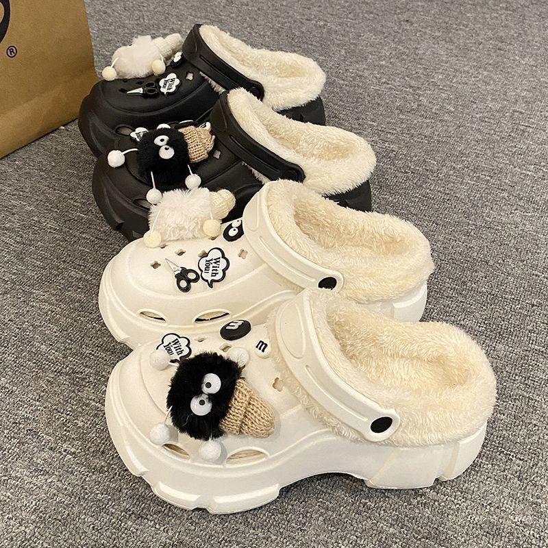 Fleece-lined cotton clogs for women, autumn and winter inner lining, 2024 new style, outer wear, height-increasing thick sole, furry cotton slippers for winter