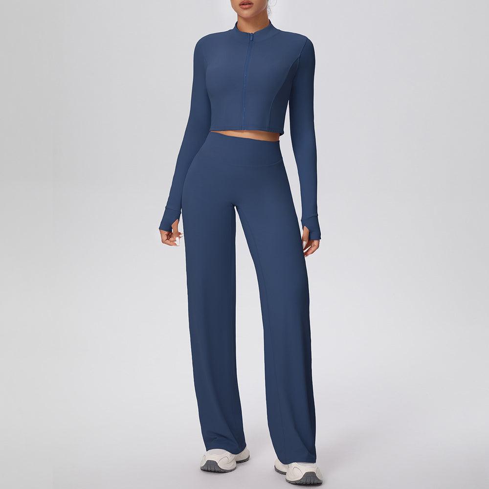 New arrival: solid color double-sided brushed fleece zip-up jacket & wide-leg yoga pants set - perfect for running, fitness, and activewear