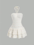summer new arrival: white dress - sweet, french-inspired, girly, pure & alluring, fairycore, strapless/neck-halter, tiered cake dress