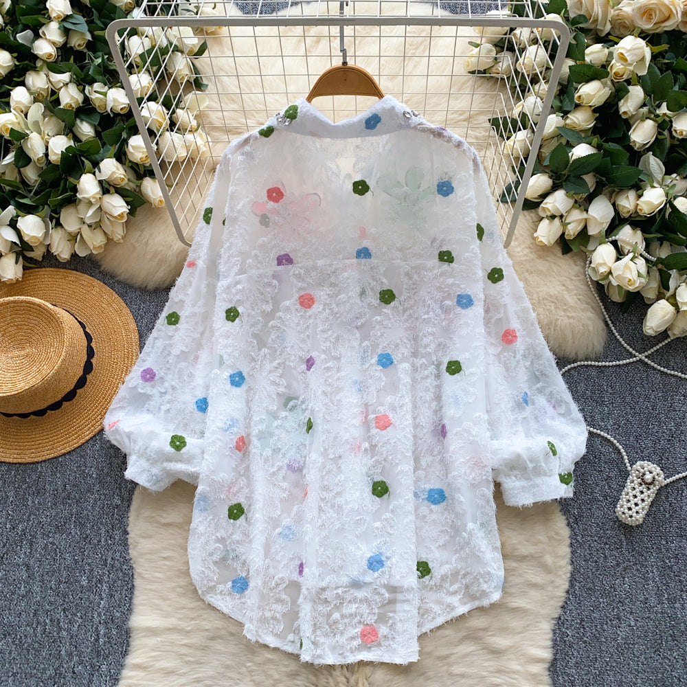 European and american style printed long-sleeve shirt for women - autumn flocked, rhinestone-embellished, loose fit, slimming, lightweight, designer top - trendy and chic