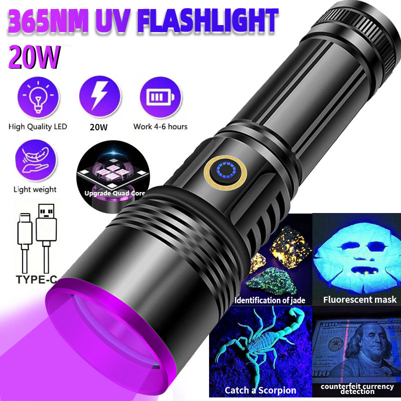 Cross-border aluminum alloy type-c20W high-power special purple light banknote inspection lamp 365nm ultraviolet flashlight