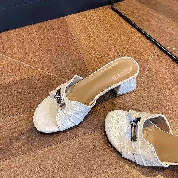 2025 spring/summer premium crocodile-embossed white heeled mules - women's open-toe sandals with small gold buckle and chunky stiletto heel