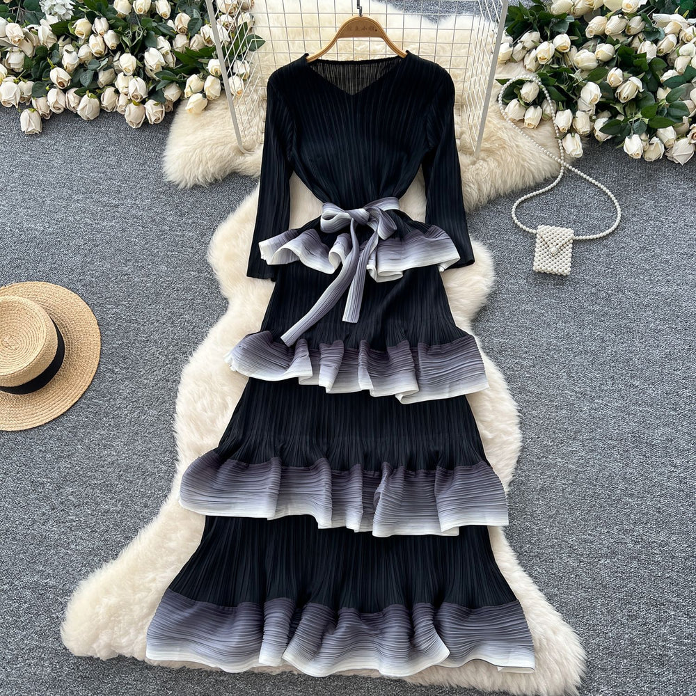 Miya pleated dress - women's  new arrival: high-end tie-waist gradient ruffle pleated maxi dress