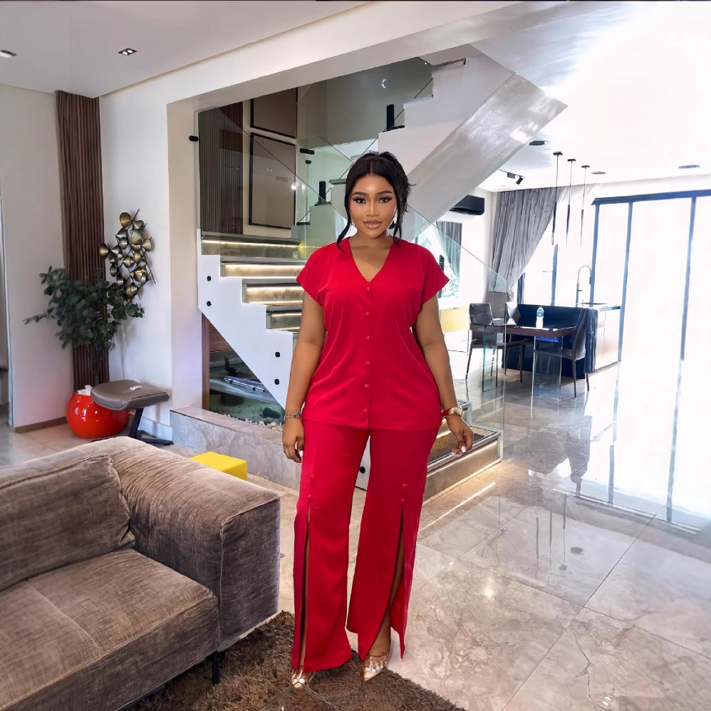 European and american cross-border women's fashion:  autumn/winter new collection - solid color v-neck single-breasted top and slit wide-leg pants two-piece set