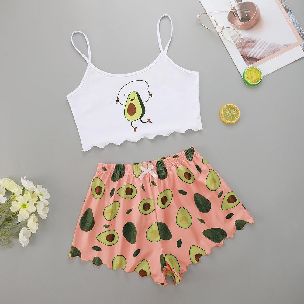 European and american summer women's sexy camisole top and shorts two-piece set - avocado print loungewear set - direct from the manufacturer