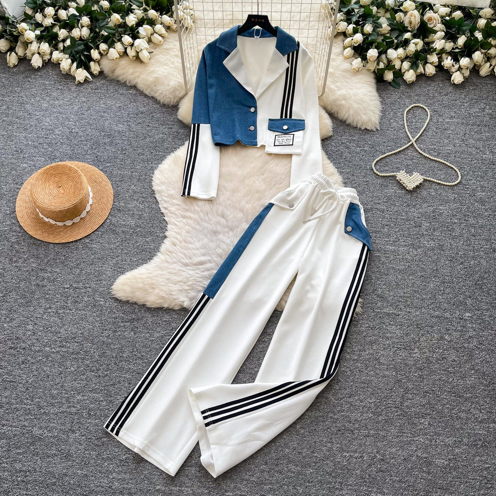 European and american color block striped two-piece set for women - autumn commute style, effortless chic, slimming fit, sporty and stylish