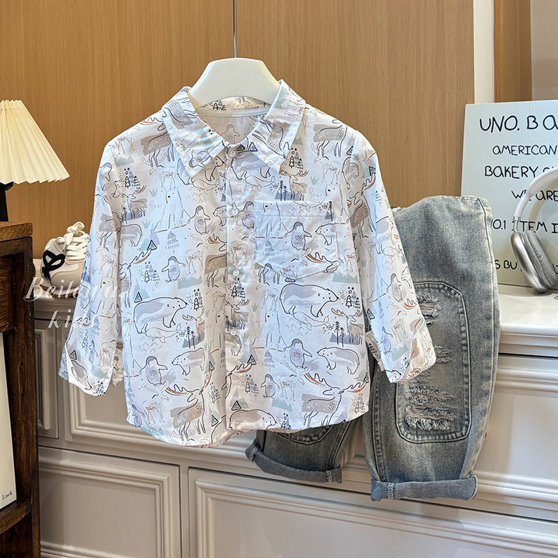 Boys' long-sleeve shirt - spring/autumn  collection - baby shirt, children's clothing, toddler & little kid's lapel collar cartoon all-over print shirt - trendy style