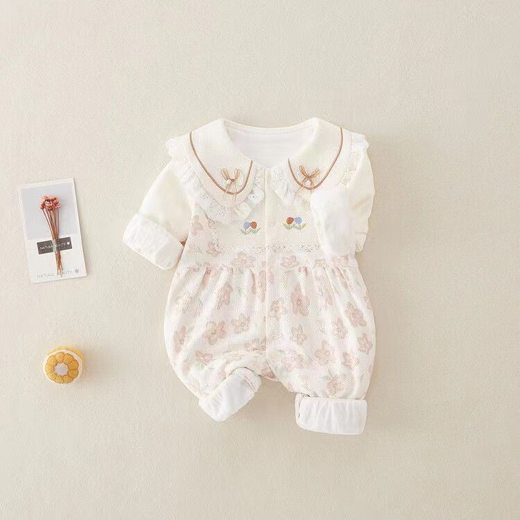Baby clothes spring romper girl baby bodysuit double layer outwear spring autum super cute full month princess haki