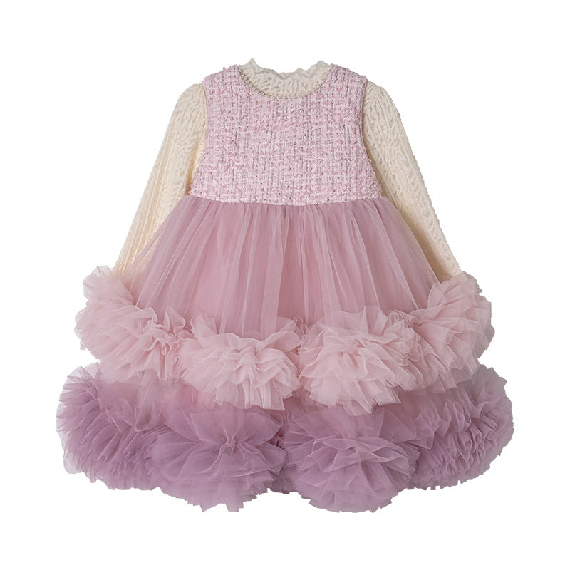 Girls' dress  autumn new collection: chanel-inspired wool blend vest dress with lace-trimmed top and mesh skirt set