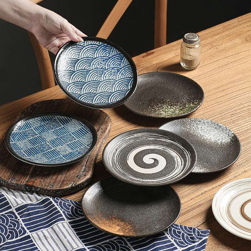 Japanese-style ceramic dinner plates - shallow plates, flat plates, western dinnerware, high-end hotel tableware, steak plates, retro & stylish serving dishes