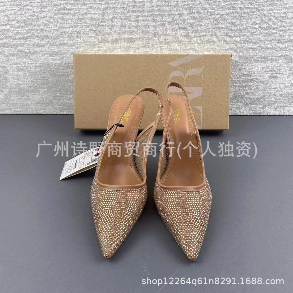 Za new 2024 summer pointed-toe slingback stiletto heel sandals - women's shiny rhinestone open-back fashion single strap sandals