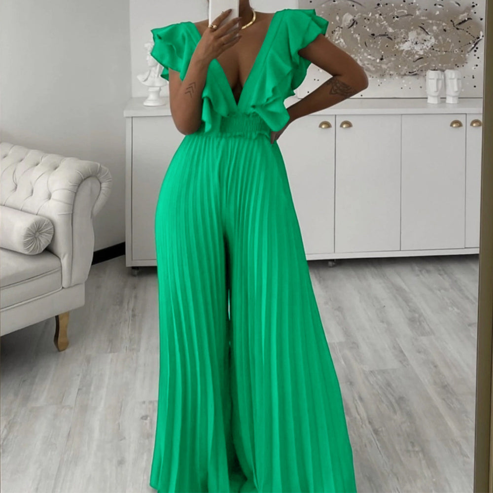 C8574 cross-border women's fashion  new deep v-neck high-waisted sexy ruffle pleated wide-leg jumpsuit (european & american style)