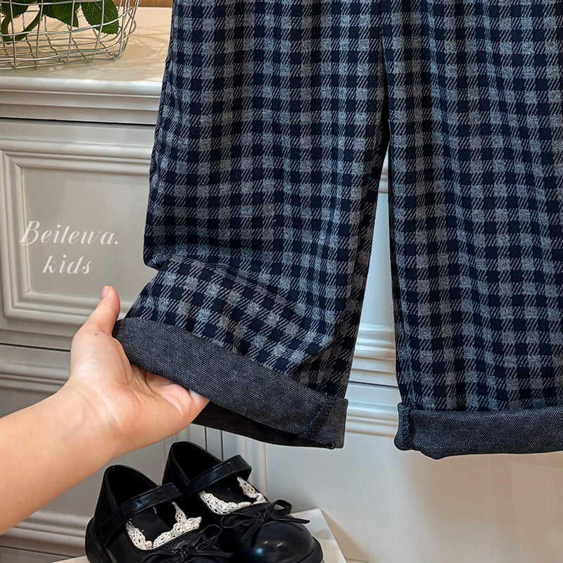 Girls' new autumn versatile black plaid casual pants - korean style, trendy and stylish straight-leg trousers for baby girls
