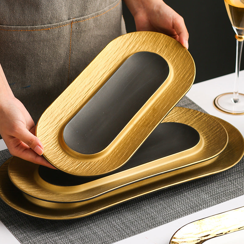 Nordic creative electroplated embossed dinnerware ceramic long plate sushi plate western pastry dessert oval serving tray