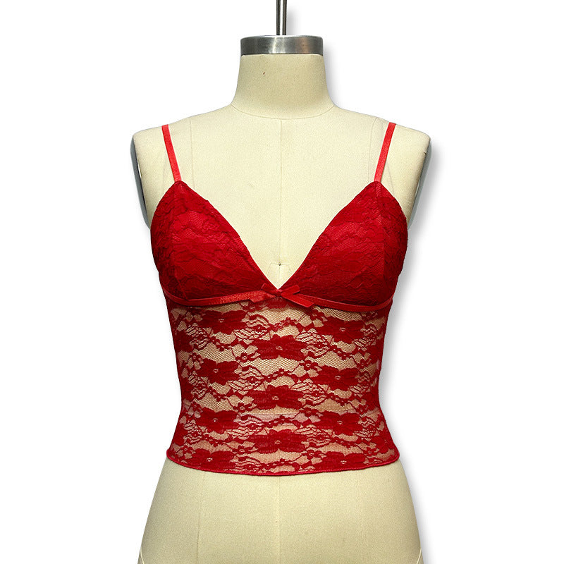 V-neck camisole top with a bow detail at the chest, slim-fit, sheer, sexy, open-back design. new spring  collection, wholesale for export