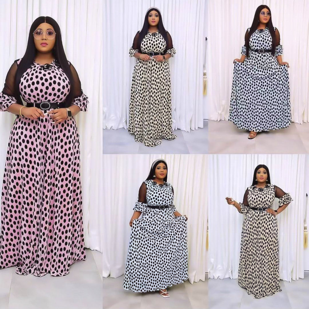 sourcing:  &  - african plus size women's slimming long a-line dress with polka dot lace detail