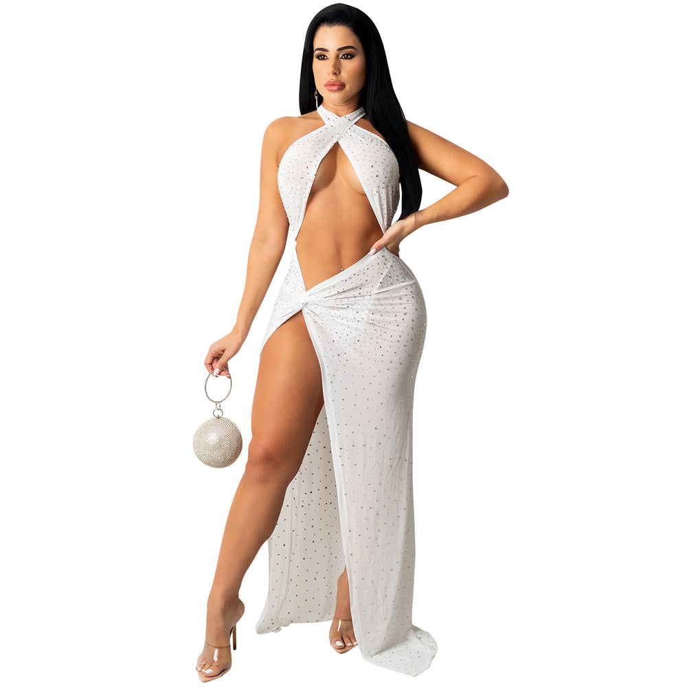 X5326 cross-border fashion new product nightclub sexy hot diamond inlaid diamond mesh see-through women's chest-wrapped slit dress