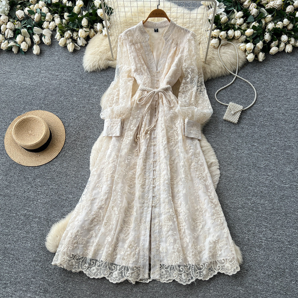French court style v-neck lace embroidered dress - women's summer long sleeve, slimming a-line maxi dress, elegant and chic