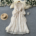 French court style v-neck lace embroidered dress - women's summer long sleeve, slimming a-line maxi dress, elegant and chic