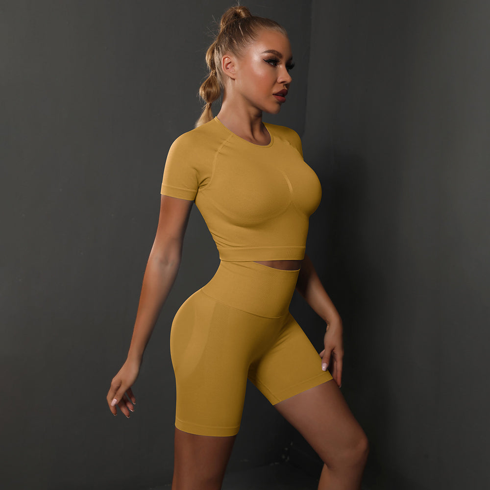 fashion seamless peach butt pure color high elastic yoga short sleeve shortssuitrunning sports fitness two-piece set
