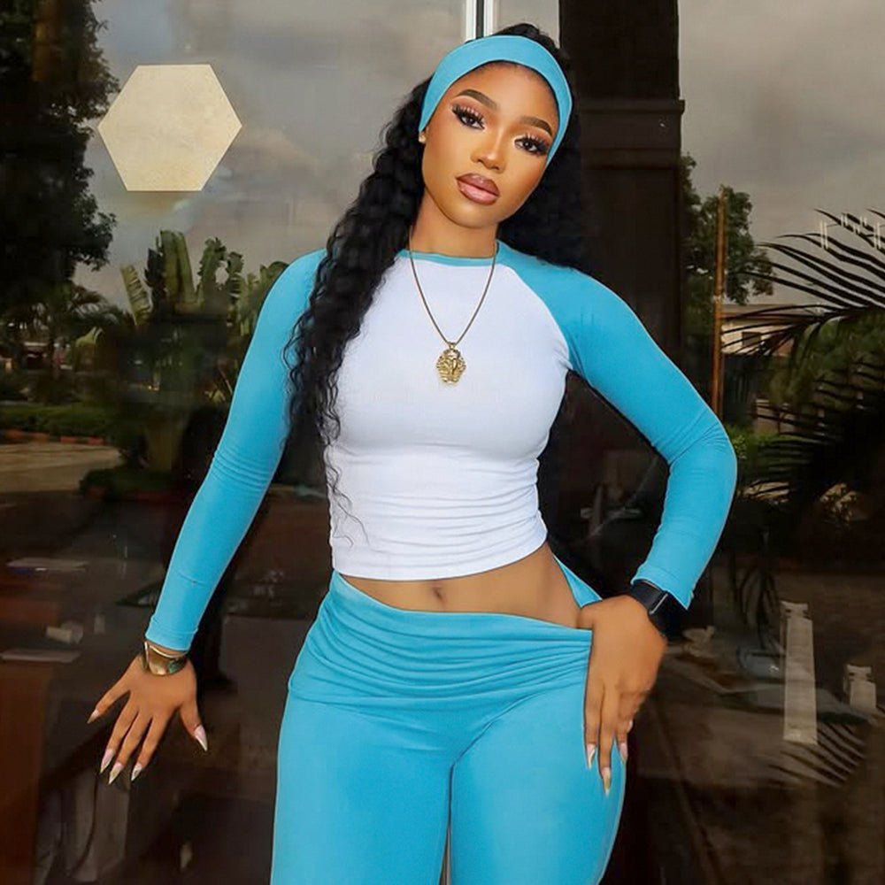 Amazon american casual sports suit comfy basics contrast color long sleeves t-shirt flip waistpants fitness three-piece set wholesale