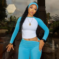 Amazon american casual sports suit comfy basics contrast color long sleeves t-shirt flip waistpants fitness three-piece set wholesale