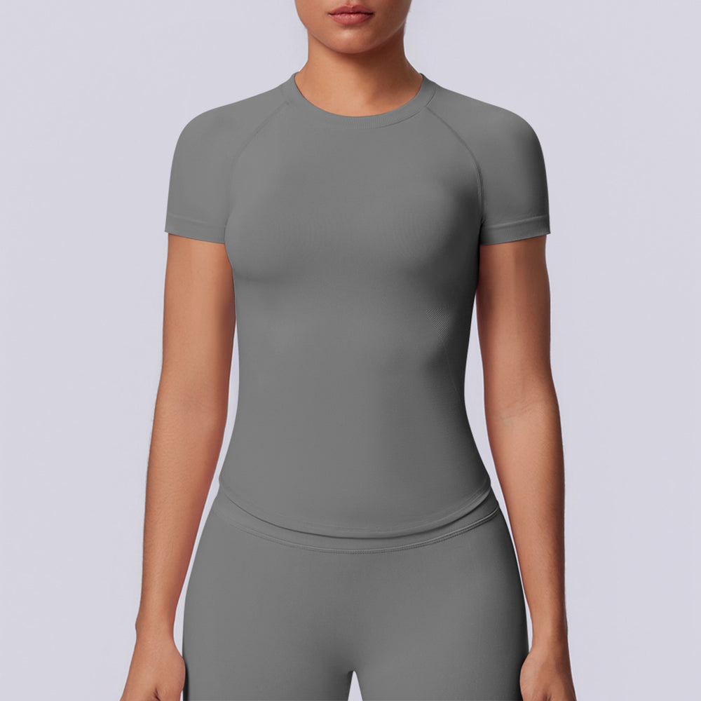 New arrival cross-border fashion seamless pure color tight high elastic breathable t-shirt sports running fitness yoga wear tops for women