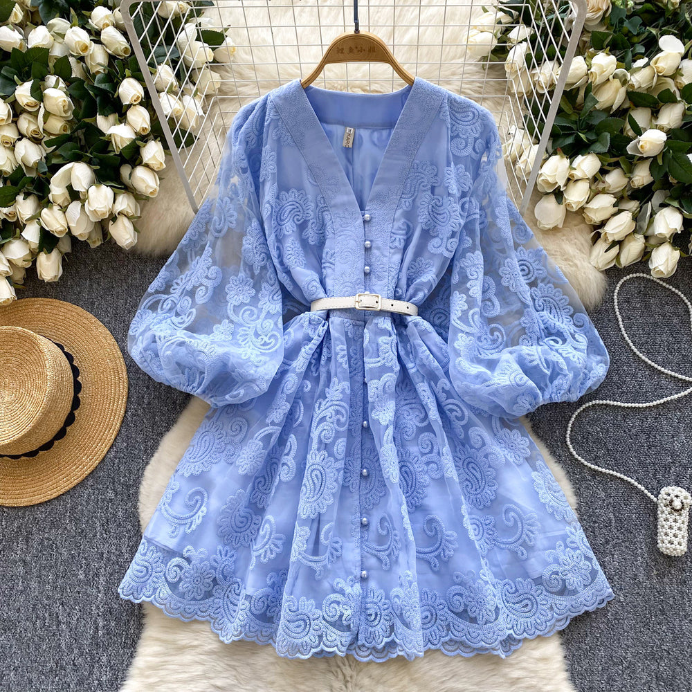 French sweet court style v-neck lantern sleeve heavily embroidered cinched waist slimming single-breasted a-line elegant dress for women