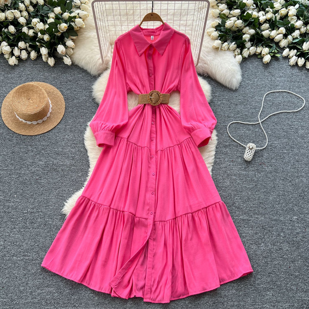 Frenchretro platycodon skirtclassy strappy waist lapel single breasted slimming look large swingshirtdress