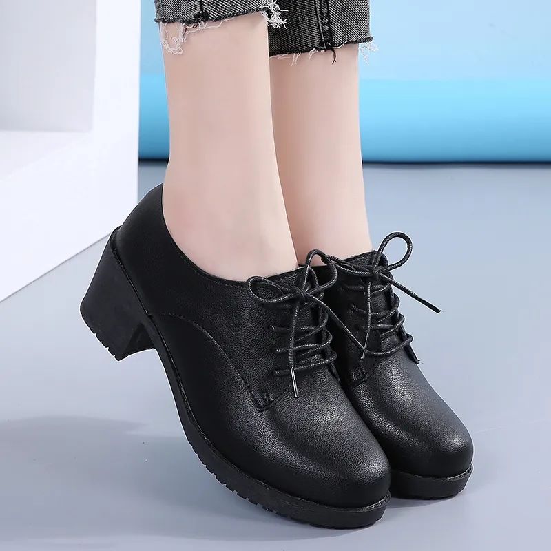 Women's retro leather mary janes - spring/autumn style, british-inspired mid-heel professional flats, black interview/work shoes - comfortable & non-fatiguing