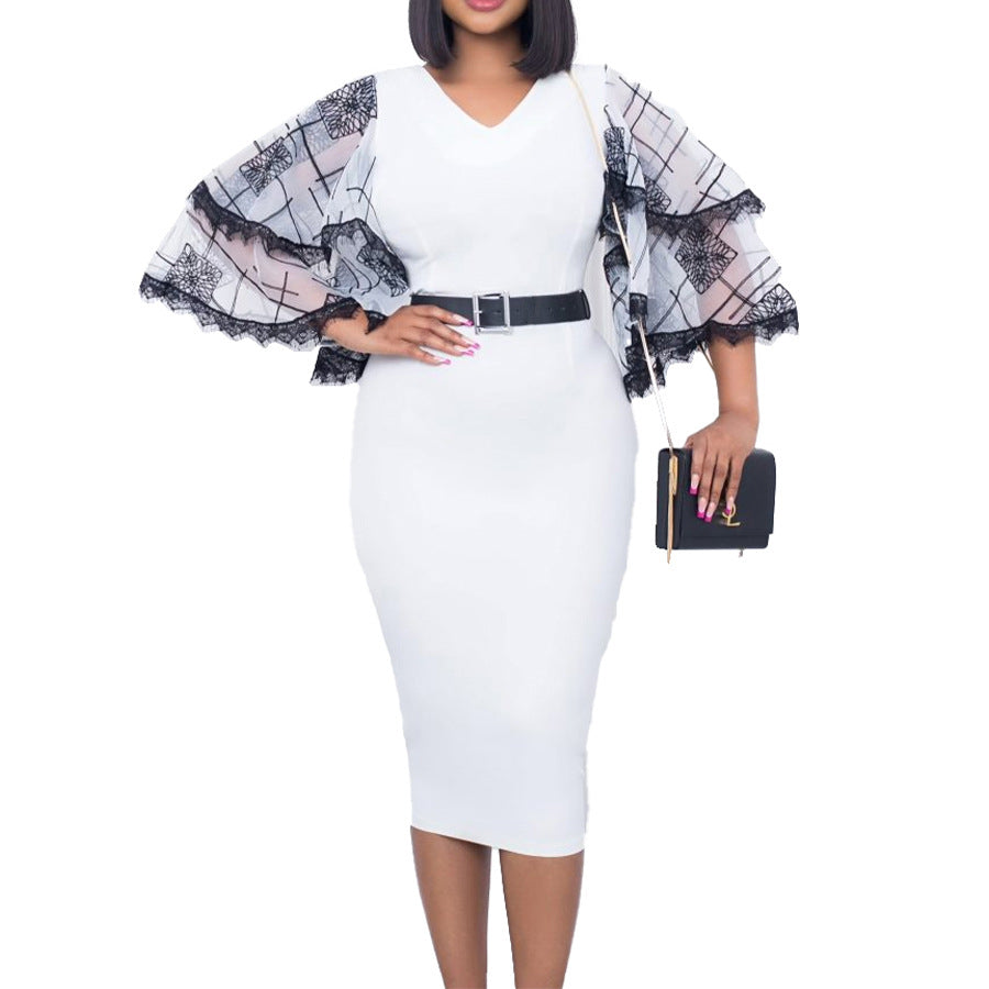 D301 cross-border women's fashion  new v-neck flared sleeve bodycon pencil skirt - office commute style, european & american dress