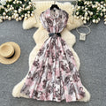 French chic, sophisticated, and unique: tie-waist, short-sleeve, single-breasted, fashionable printed pleated shirt dress with a touch of class