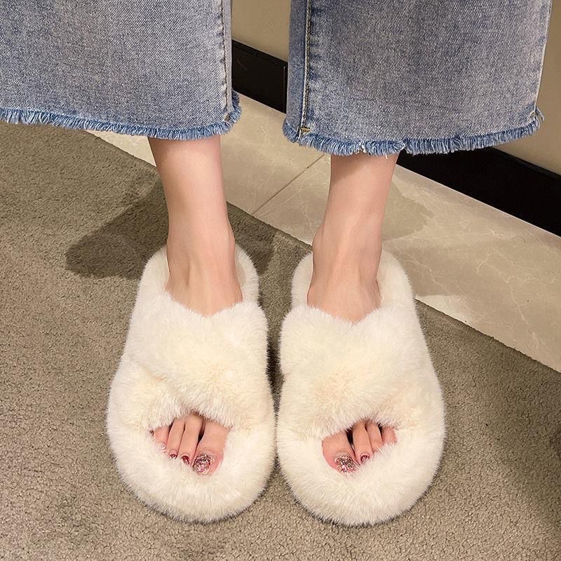 Thick sole cross strap furry slippers for women fall and winteroutwear2025new arrivalplatform shoesthick soleincreased soft bottomfor home cotton slippers