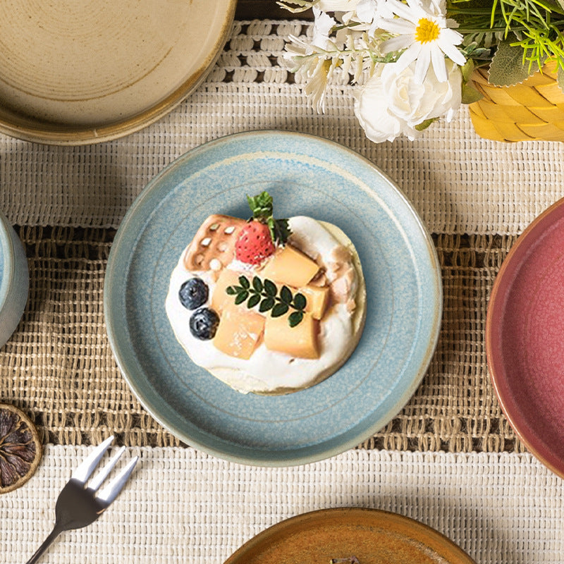 Retro kiln round disc with edge afternoon tea cake plate coffee cup and saucer restaurant bone plate snack plate for home fruit plate