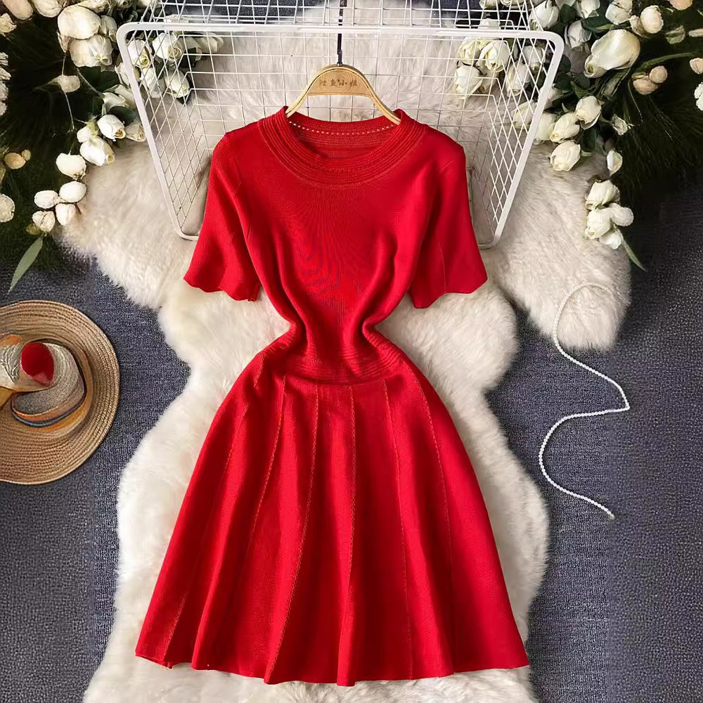 French chic round neck short sleeve dress - women's elegant, slim-fit, retro a-line summer dress