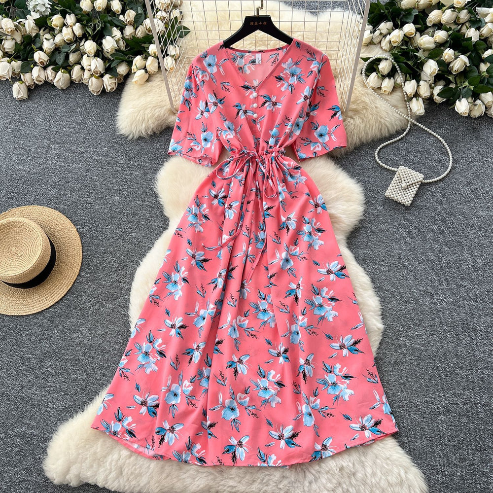 Frenchretrov neck drawstring waist short-sleeved printingdress women's summerslimming lookelegantretro over-the-knee long skirt