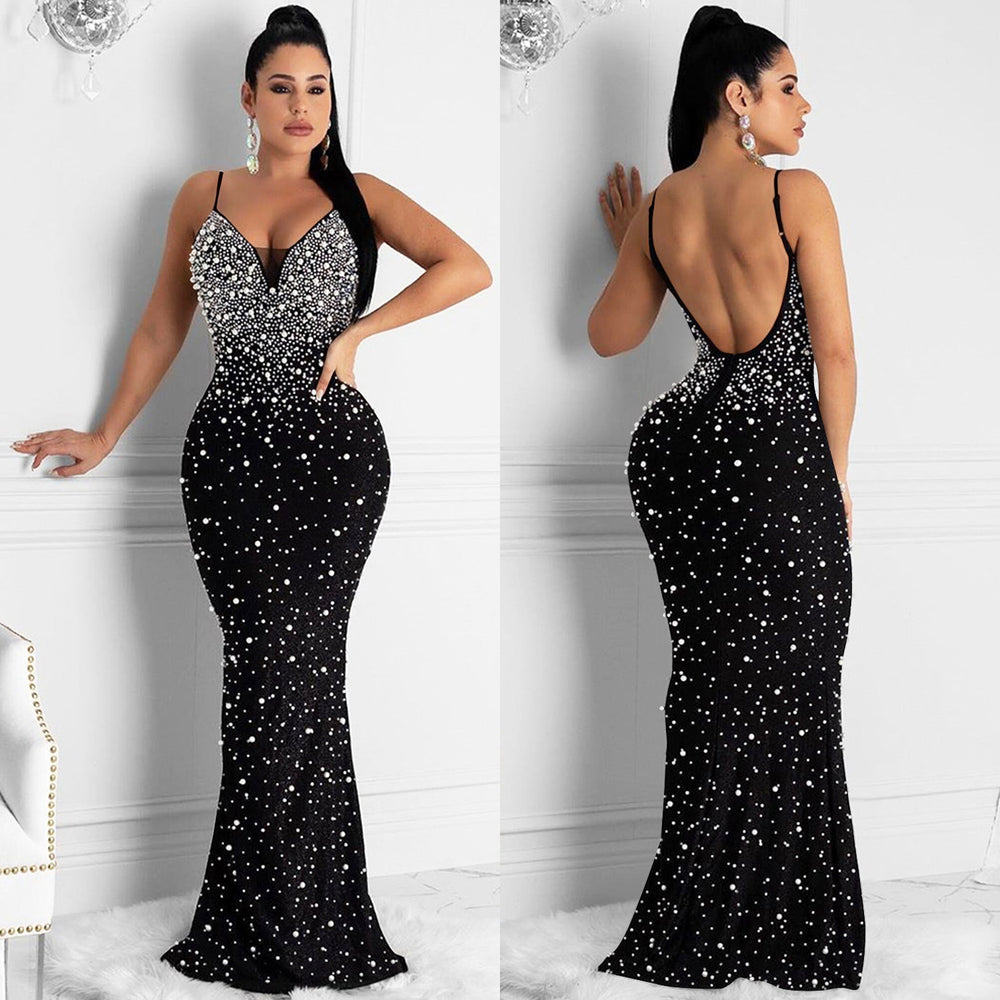 C5852   fashion women's hotfix rhinestone nightclub sexy sleeveless maxi dress