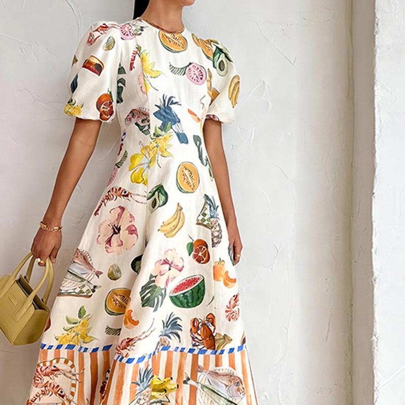 summer new women's clothing: cross-border european and american hot seller - elegant commute, sweet print, round neck, a-line maxi dress