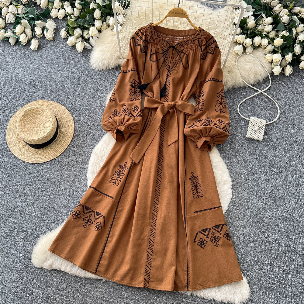 Bohemian embroidered maxi dress - women's summer long sleeve tie-waist a-line dress - vintage ethnic style