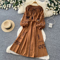 Bohemian embroidered maxi dress - women's summer long sleeve tie-waist a-line dress - vintage ethnic style