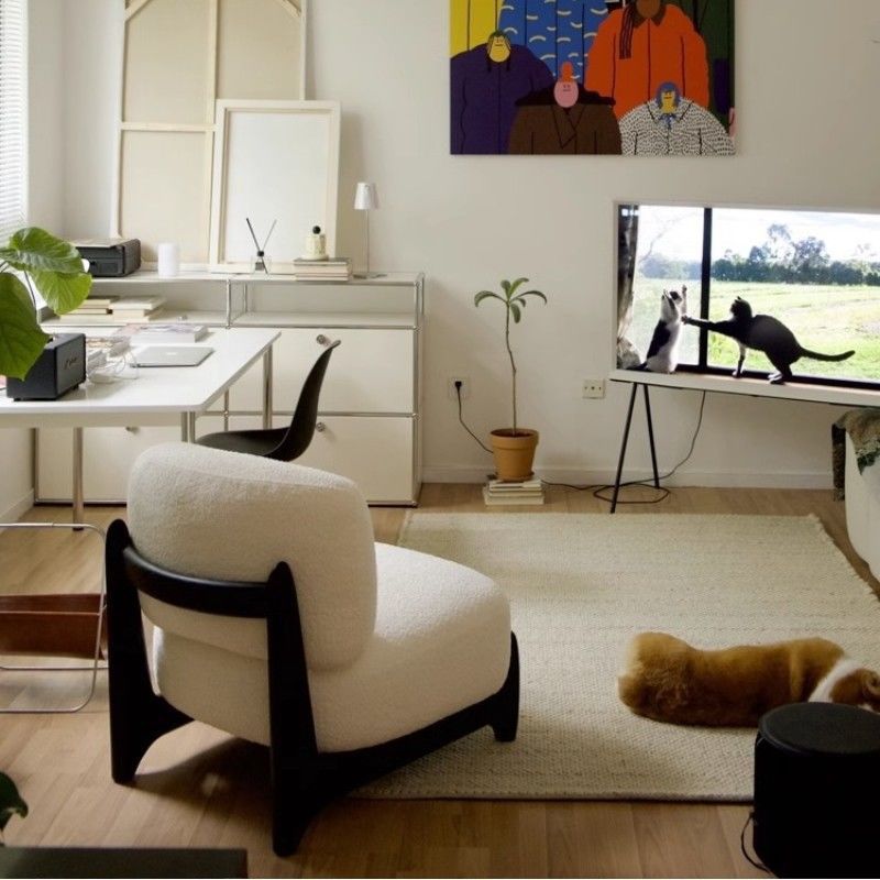 Solid wood cashmere sofa small apartment balcony wabi-sabi style leisure chair popular single lounge chair casual style electric