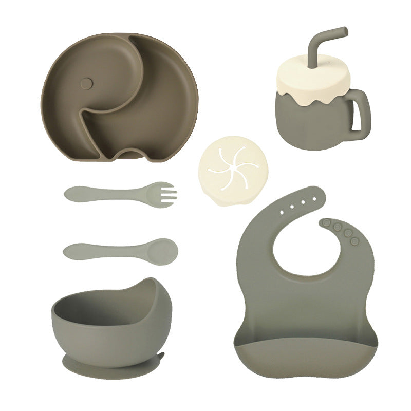 Children's Silicone Plate 7-piece Set Baby Separate Plate Feeding Bib Water Cup Fork Spoon Supplementary Food Bowl Tableware