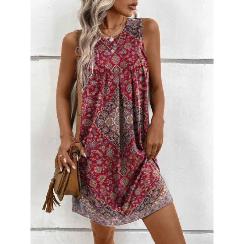 summer new arrival: cross-border european and american style round neck sleeveless printed ethnic fashion dress for women