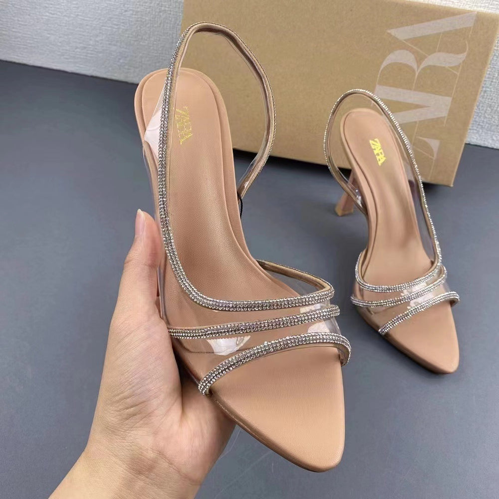 Za 2024 summer new women's shoes - natural color, glossy embellished high heel stiletto sandals with transparent pointed toe