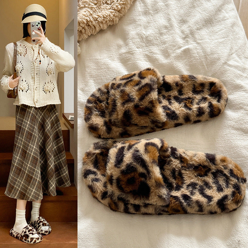 Trendy fuzzy slippers for women - winter fashion leopard print, home & outdoor wear, non-slip soft sole, plush warm one-strap cotton slippers
